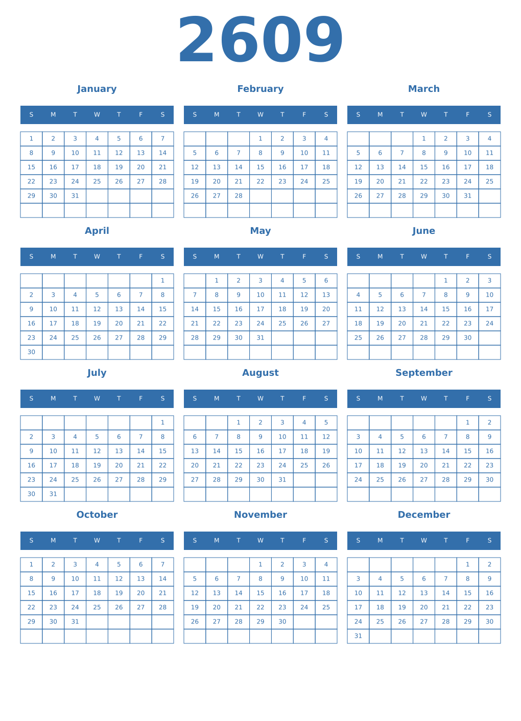 Printable 2609 Year Calendars blue