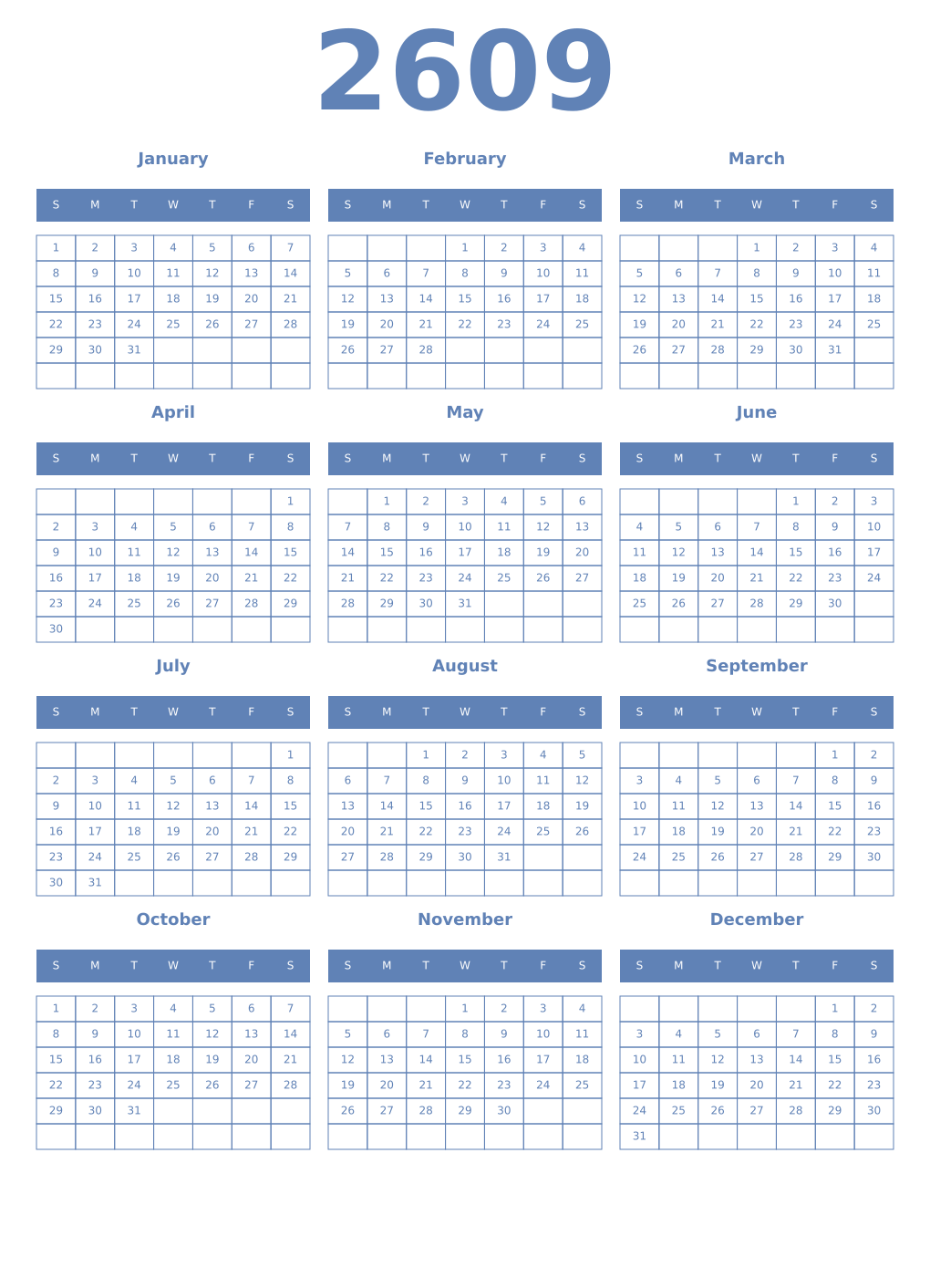 Printable 2609 Year Calendars glaucous
