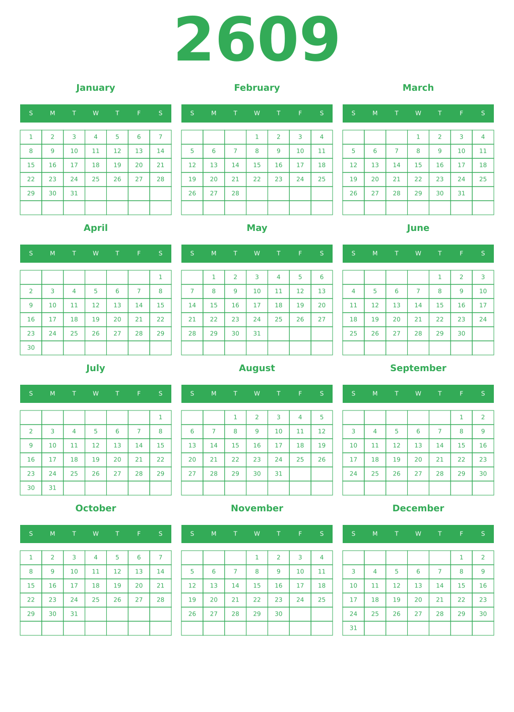 Printable 2609 Year Calendars green