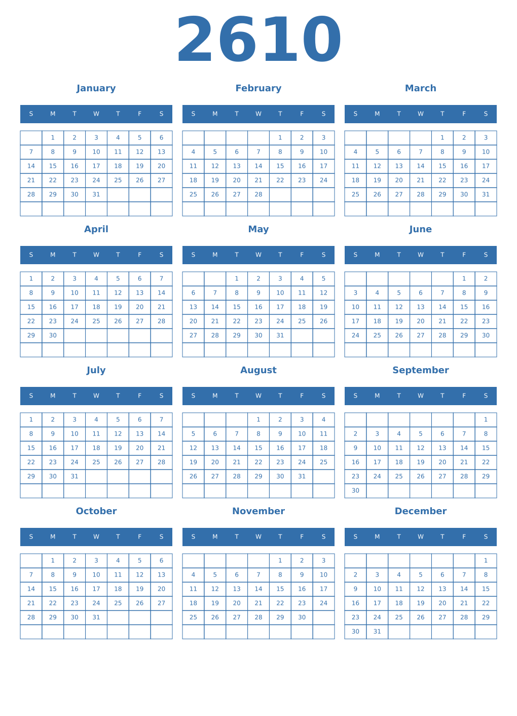 Printable 2610 Year Calendars blue