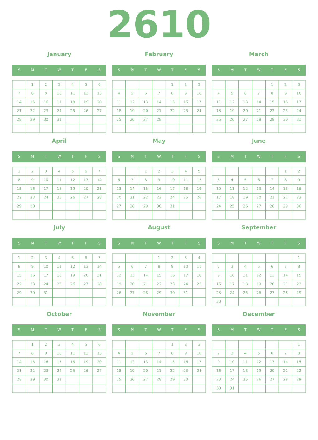 Printable 2610 Year Calendars celadon