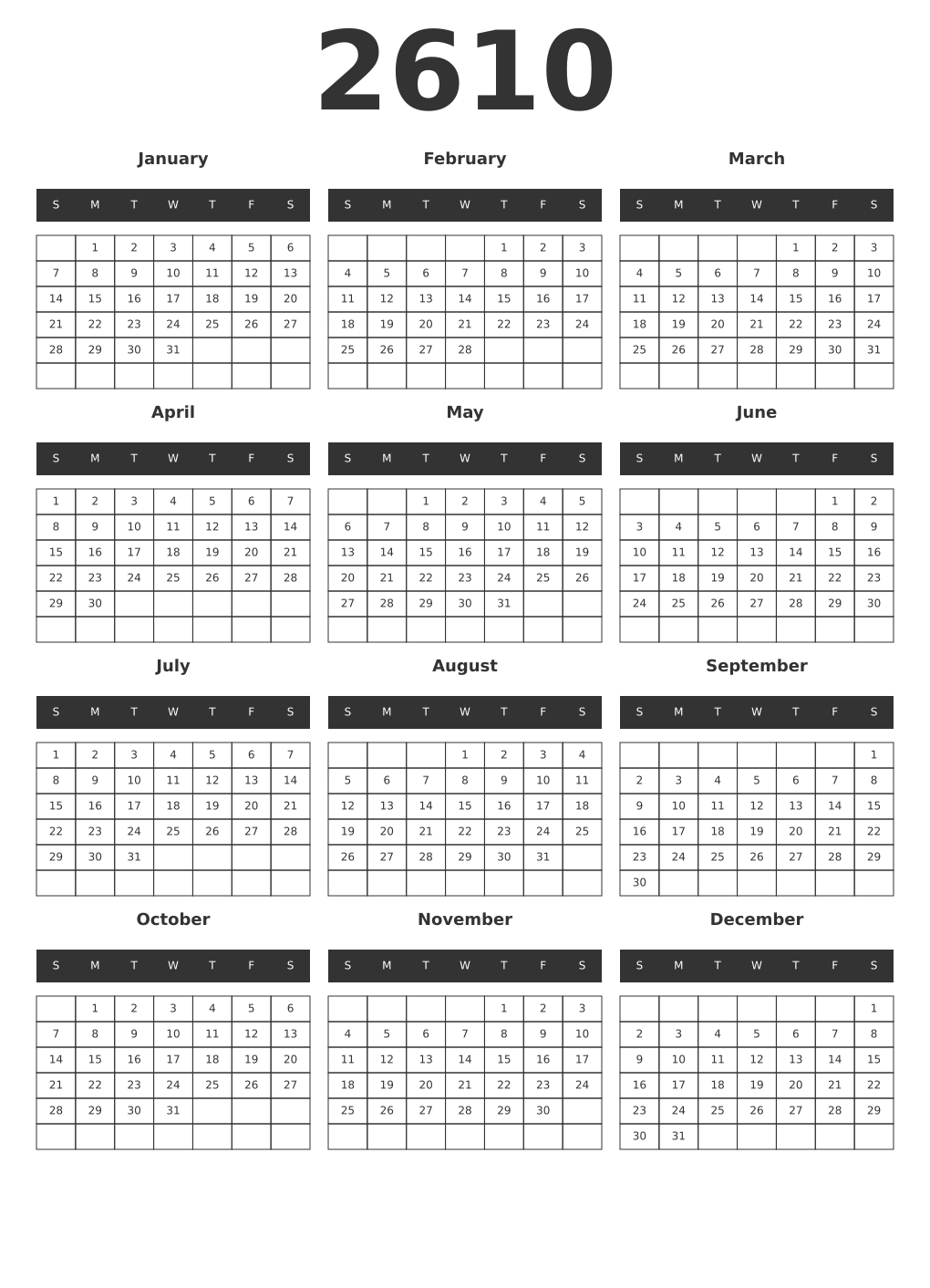 Printable 2610 Year Calendars dark
