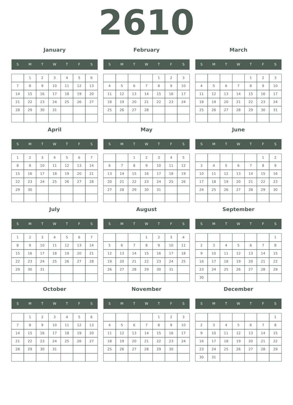 Printable 2610 Year Calendars feldgrau