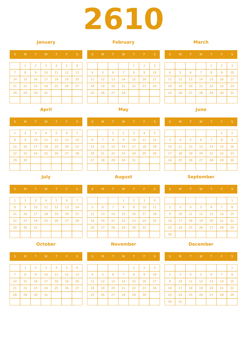 Printable 2610 Year Calendars gamboge