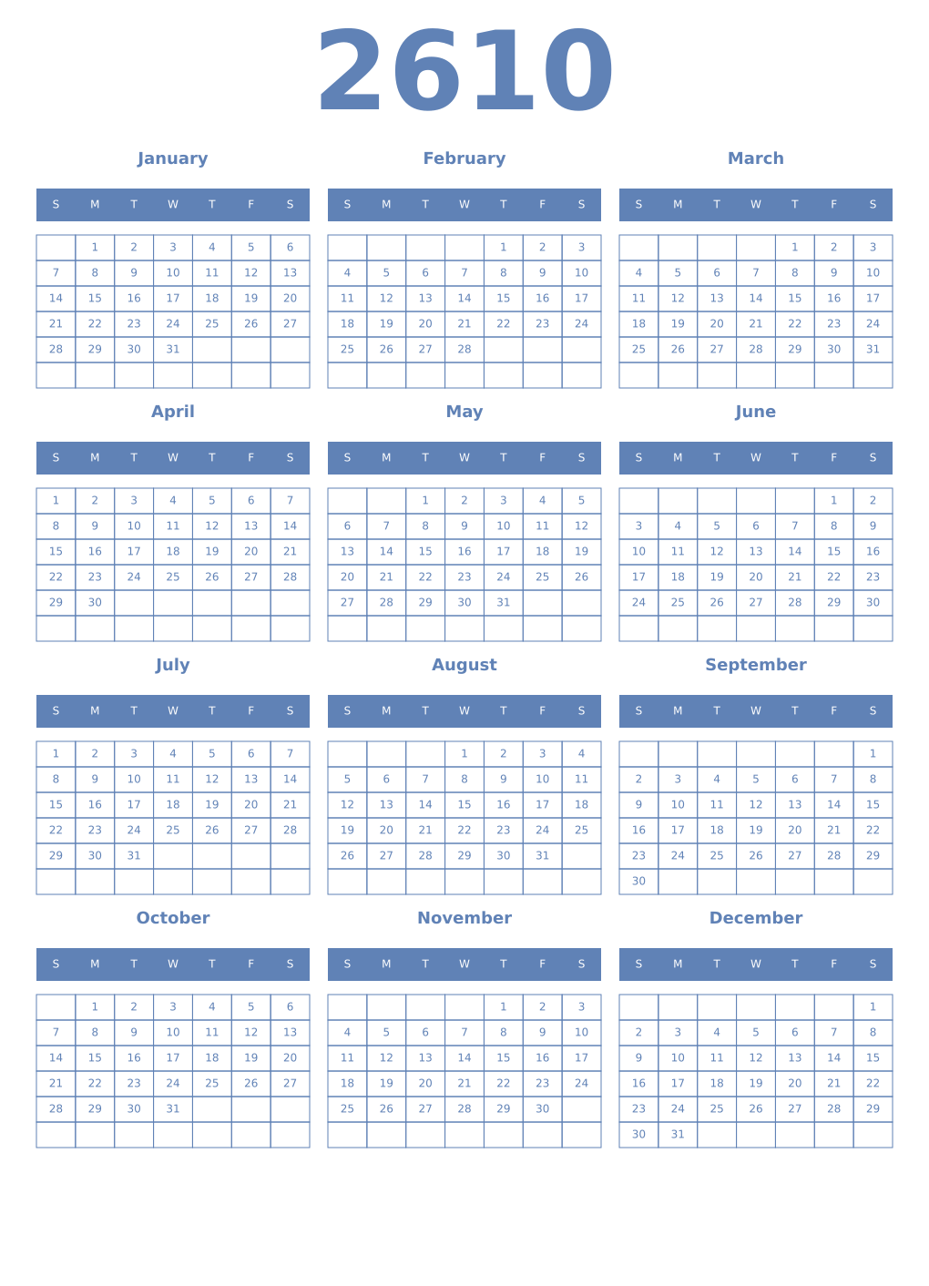 Printable 2610 Year Calendars glaucous