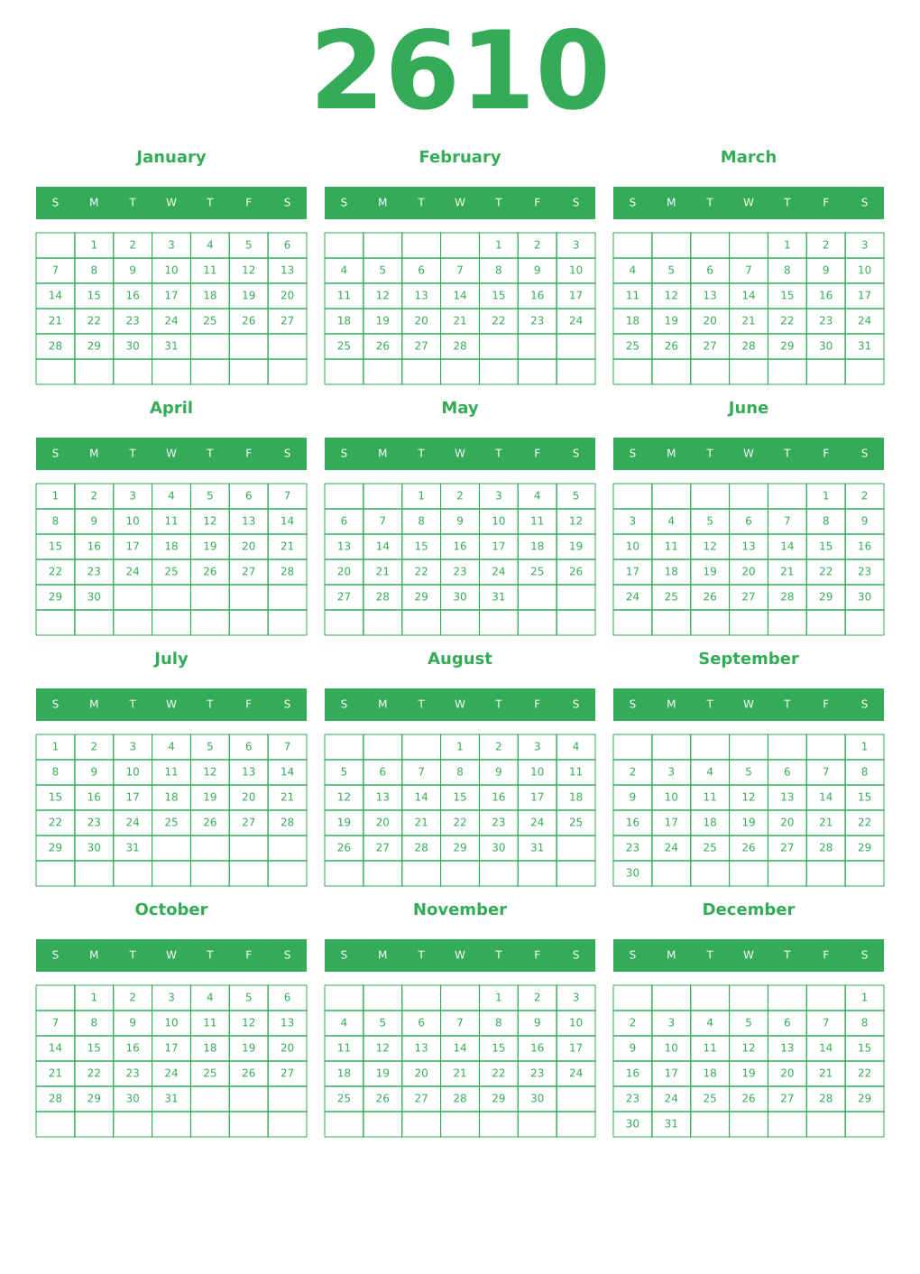 Printable 2610 Year Calendars green