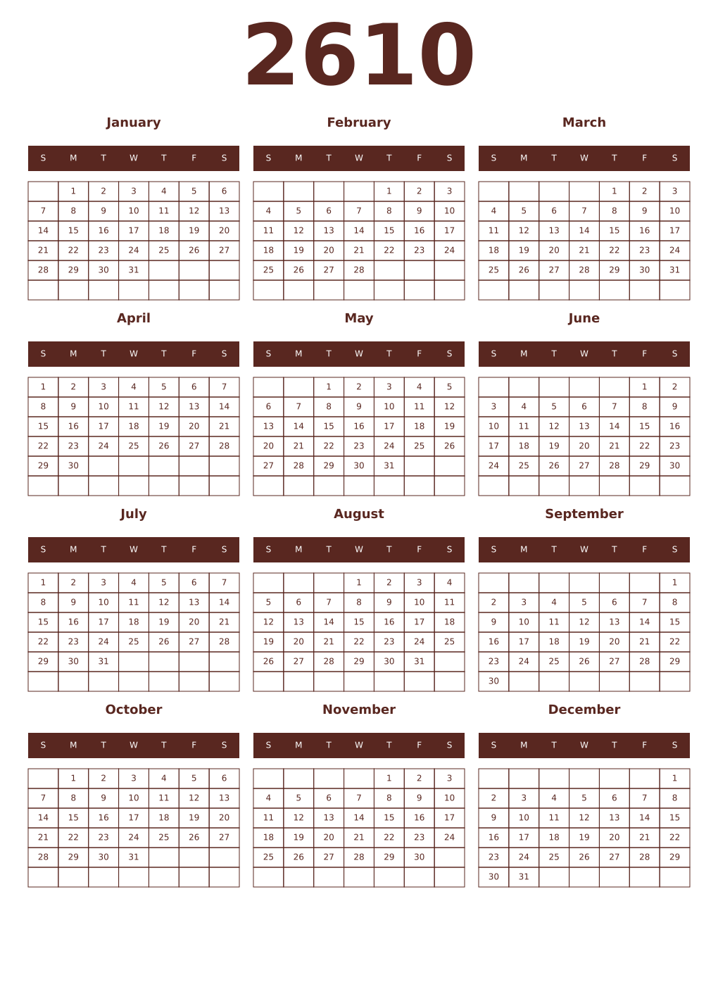 Printable 2610 Year Calendars mortuum