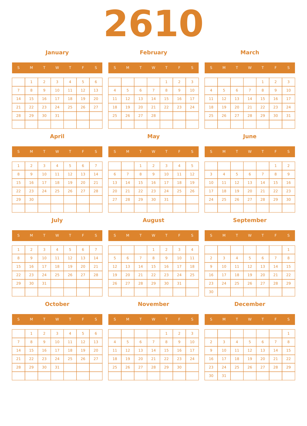 Printable 2610 Year Calendars orange