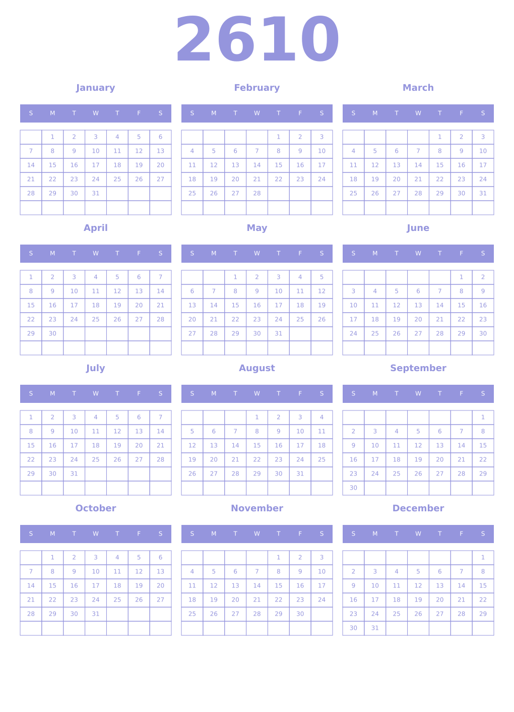 Printable 2610 Year Calendars periwinkle