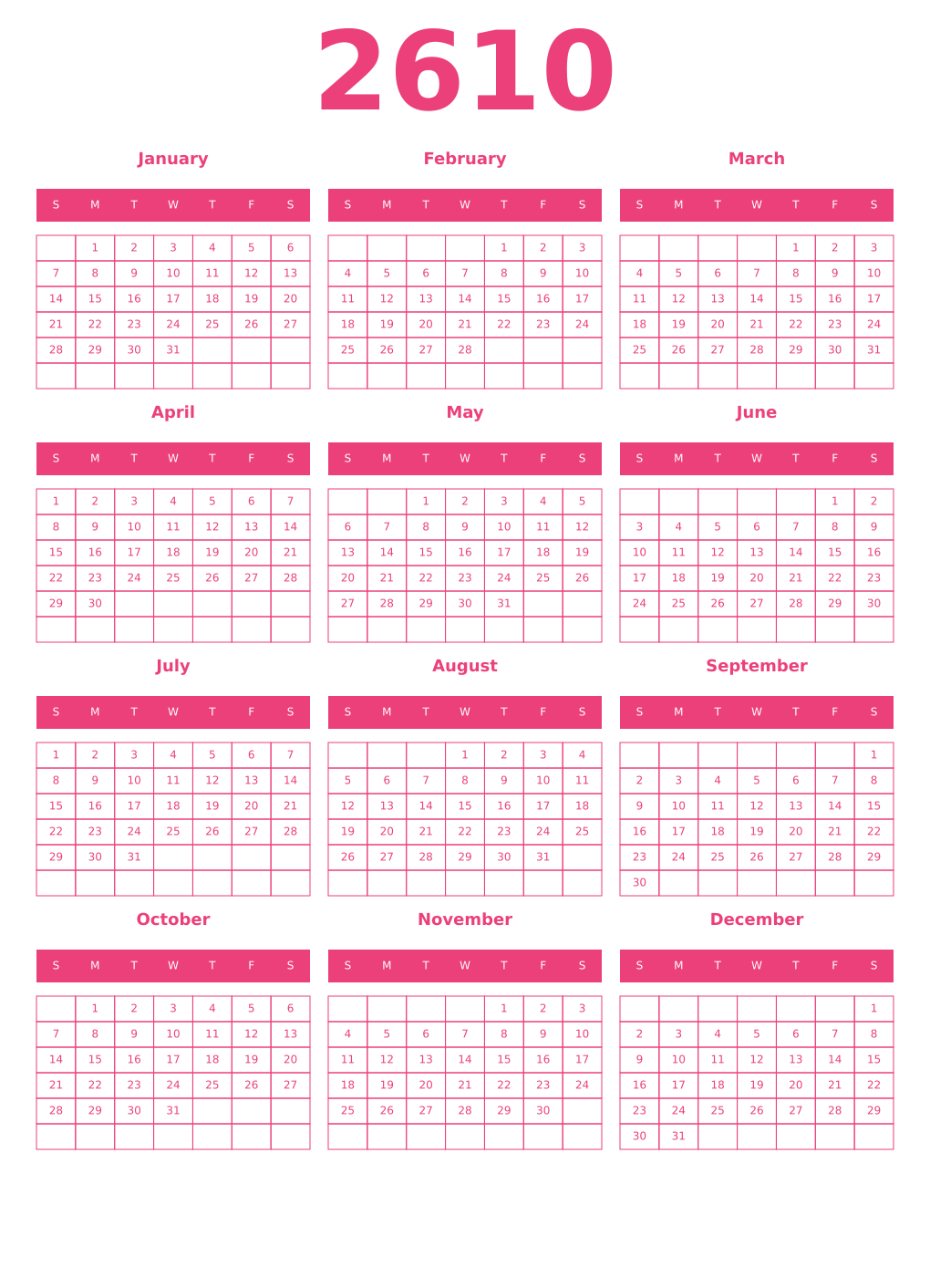 Printable 2610 Year Calendars pink