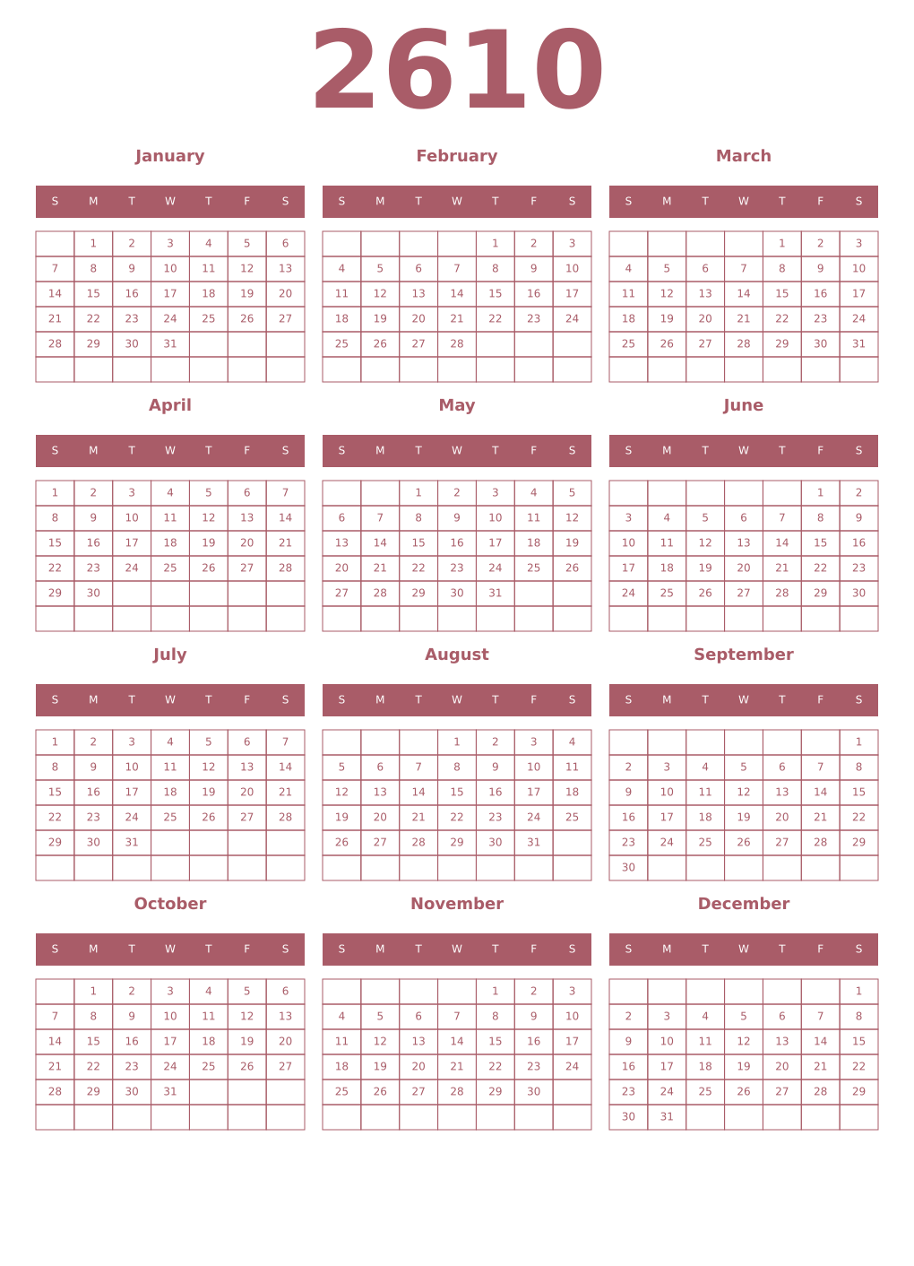 Printable 2610 Year Calendars puce