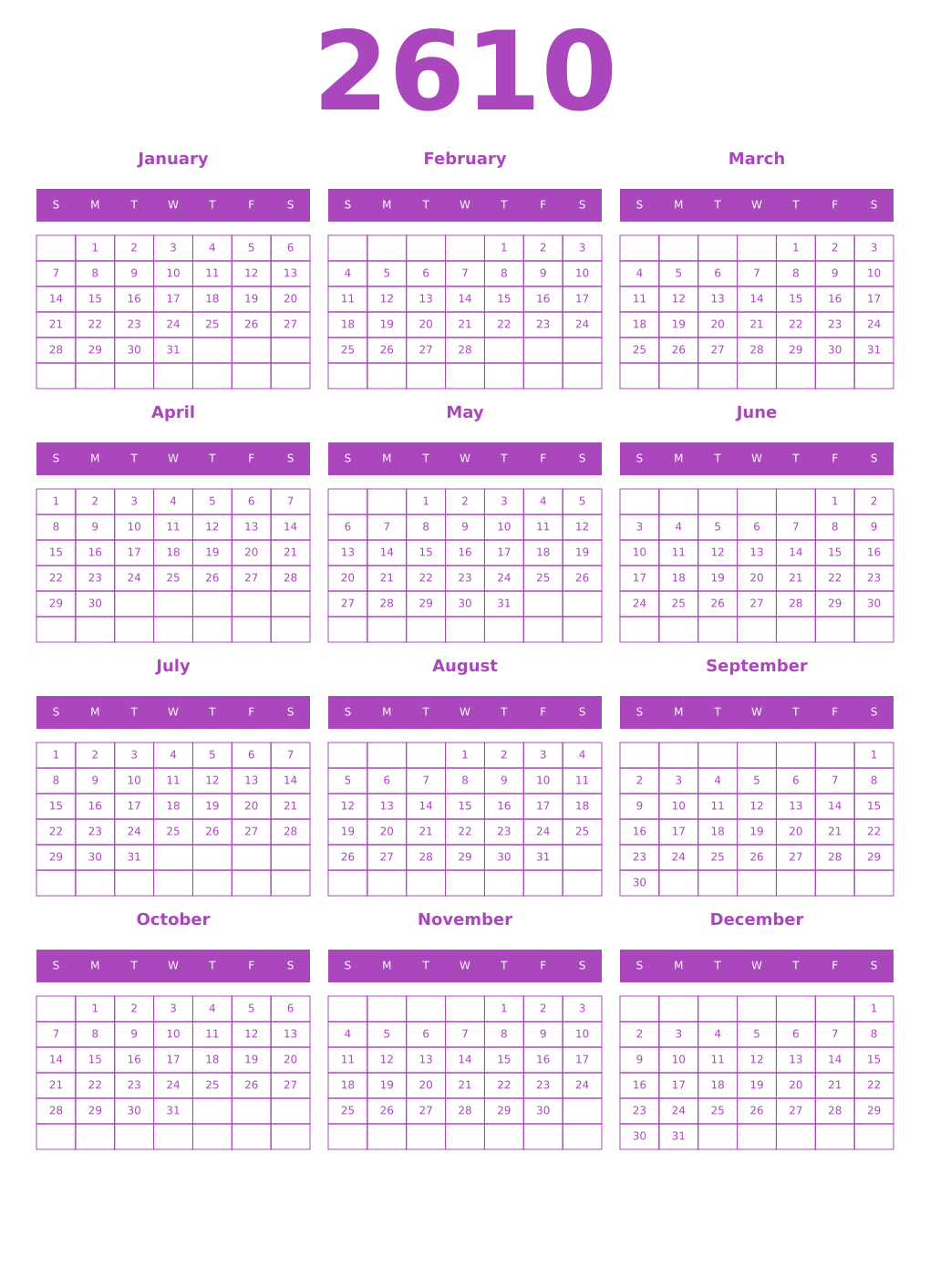 Printable 2610 Year Calendars purple
