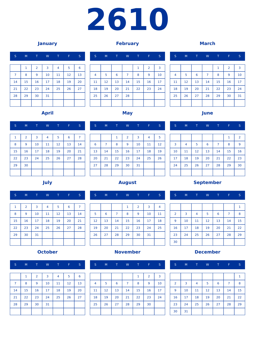 Printable 2610 Year Calendars smalt