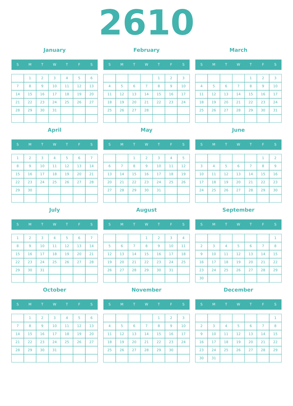 Printable 2610 Year Calendars verdigris