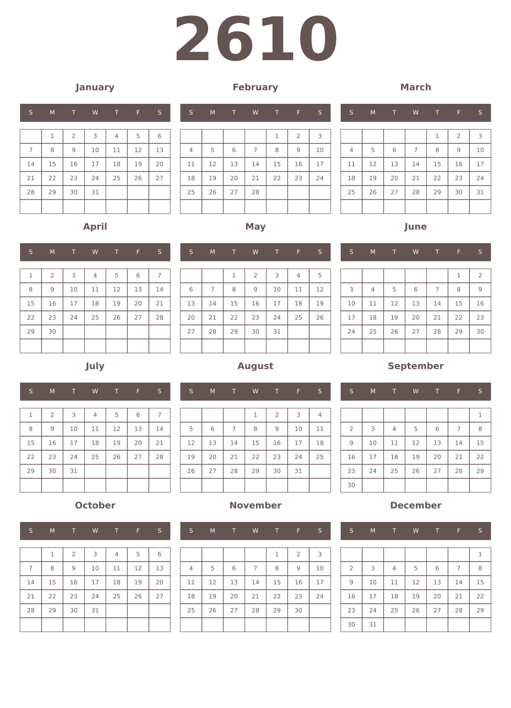 Printable 2610 Year Calendars wenge