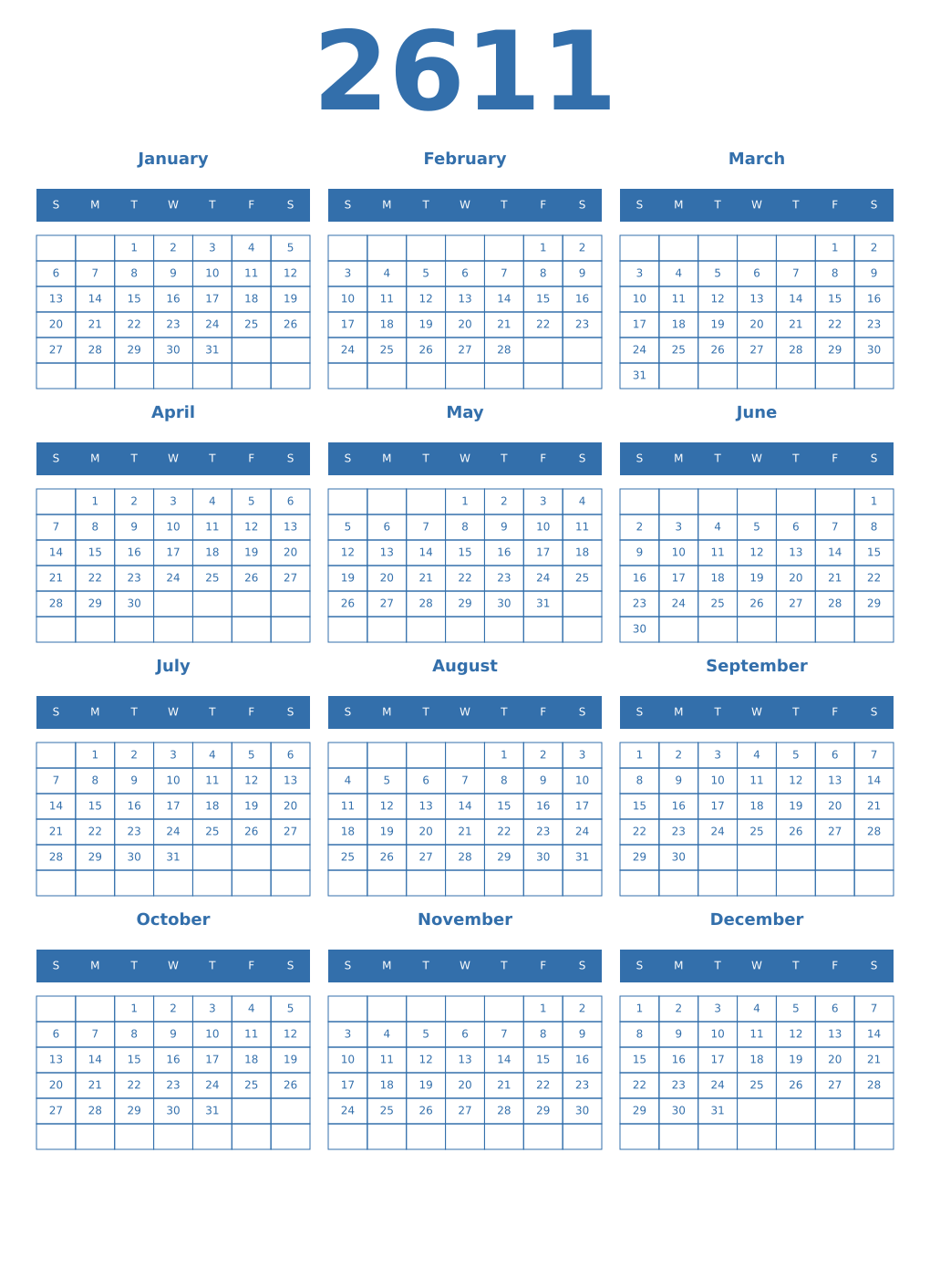 Printable 2611 Year Calendars blue