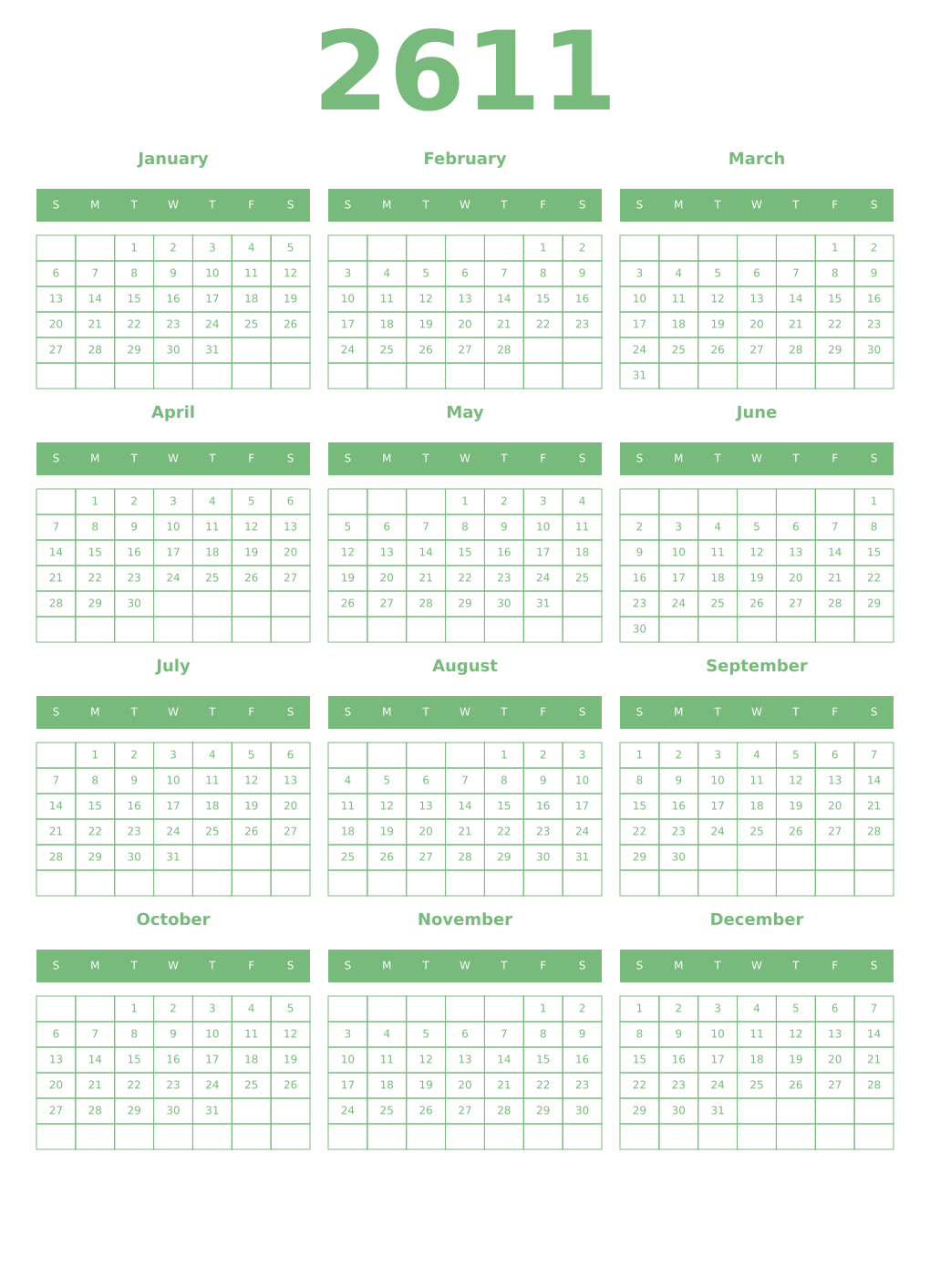 Printable 2611 Year Calendars celadon