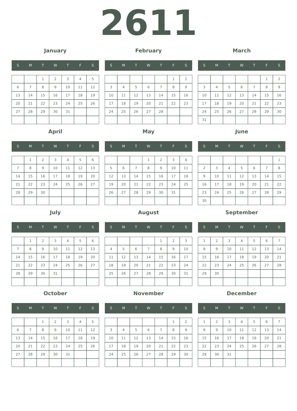 Printable 2611 Year Calendars feldgrau