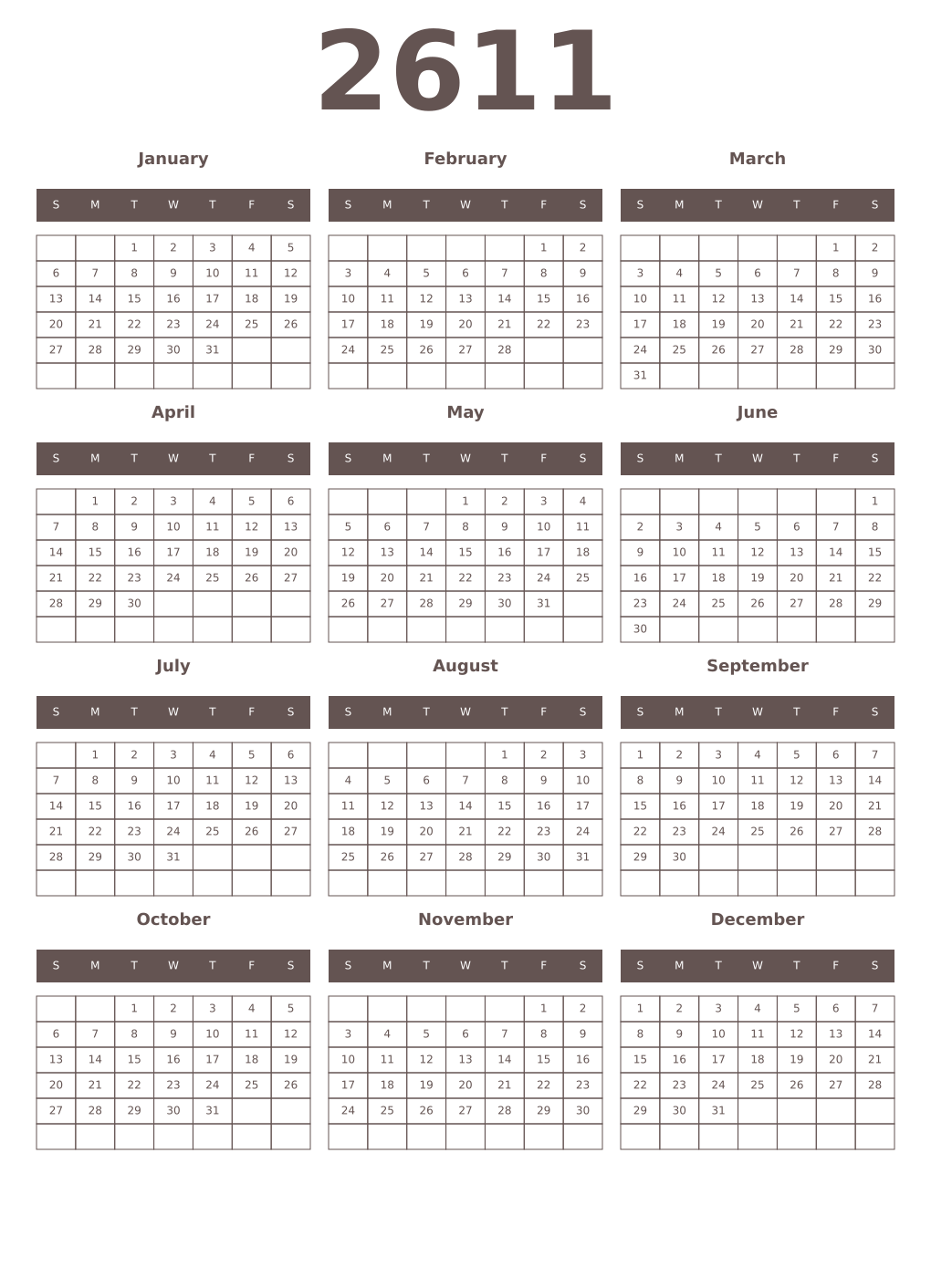 Printable 2611 Year Calendars wenge