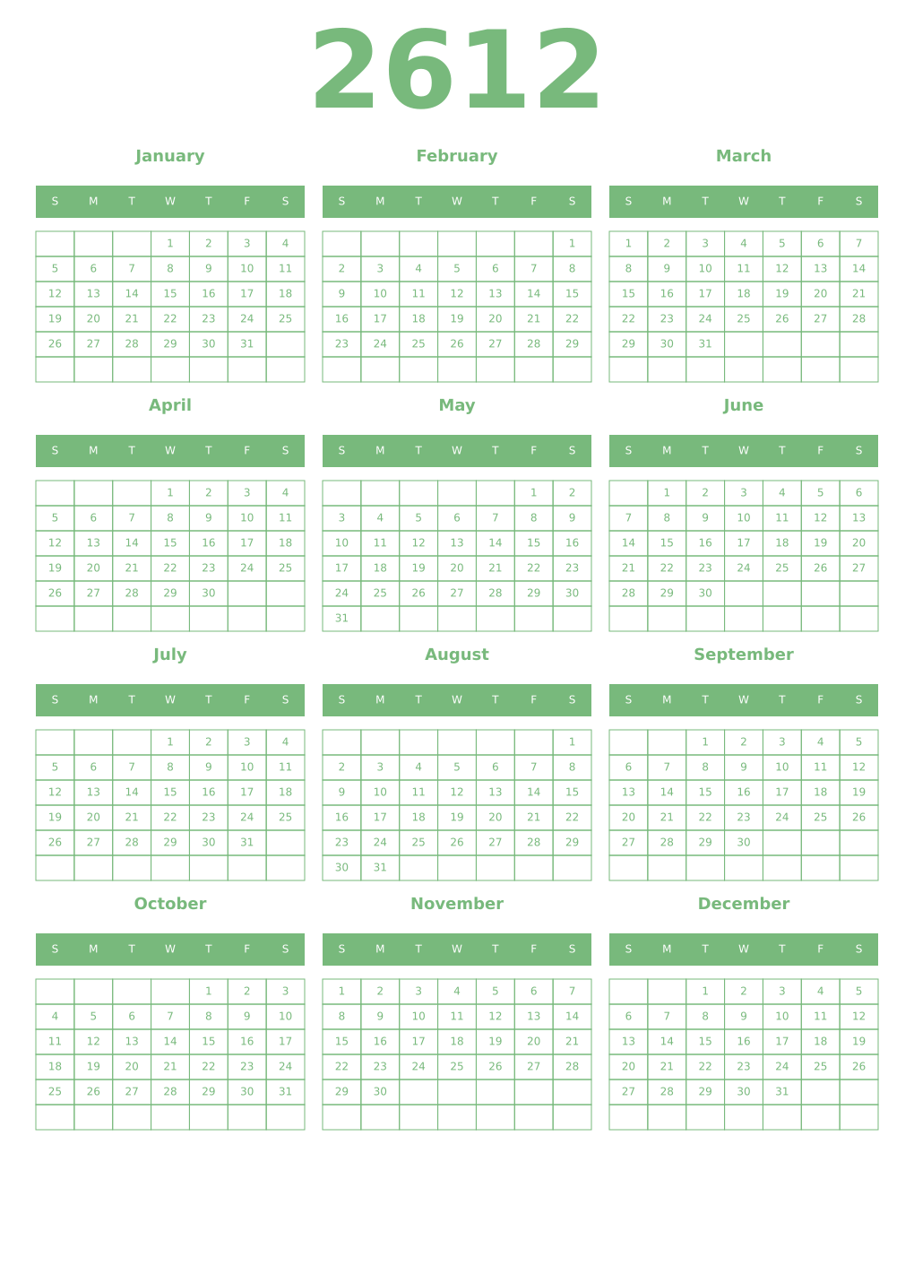 Printable 2612 Year Calendars celadon