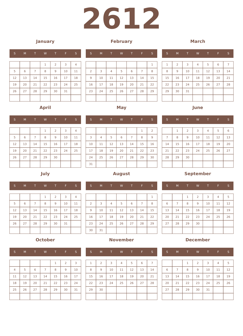 Printable 2612 Year Calendars coffe
