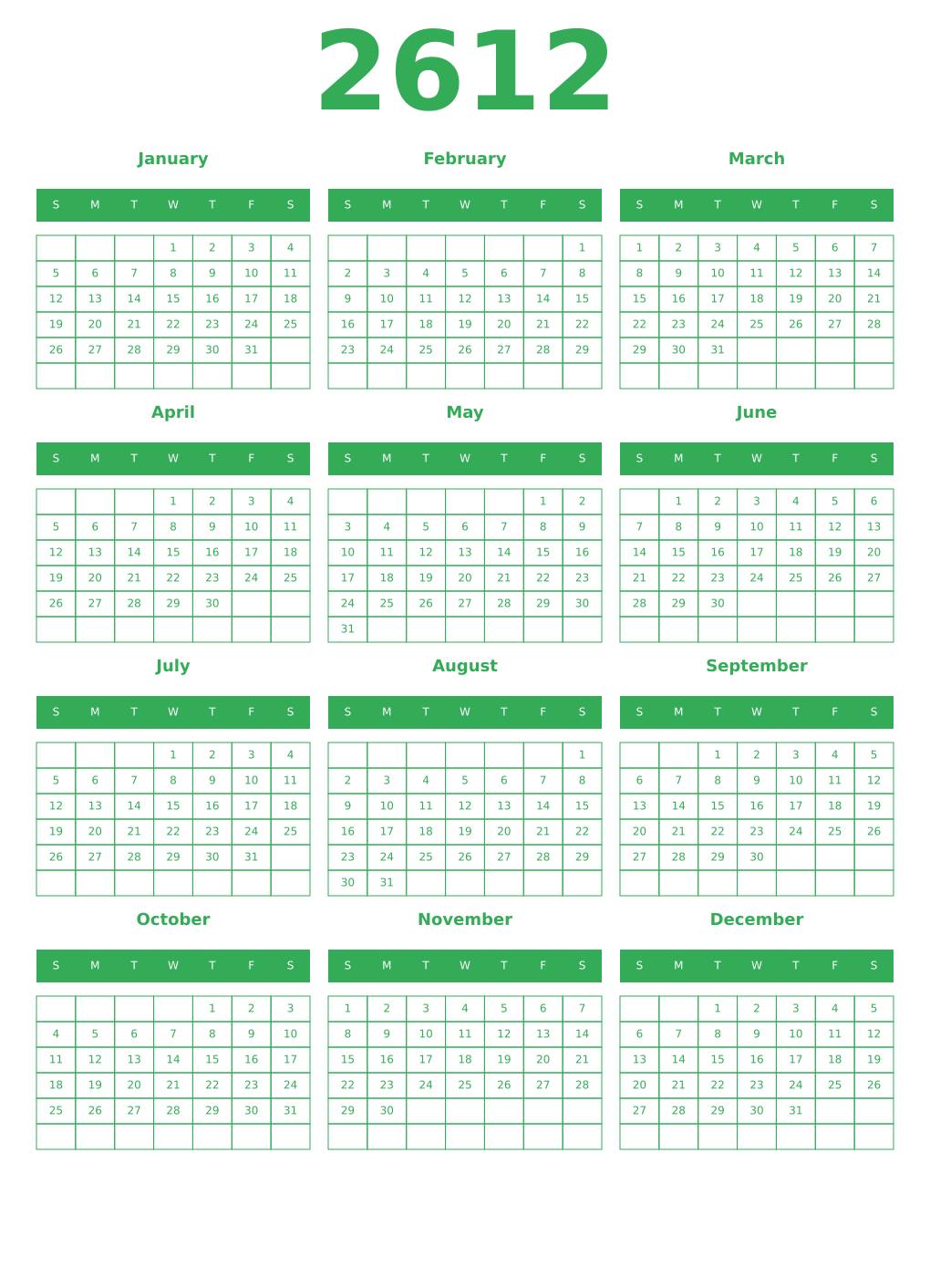 Printable 2612 Year Calendars green