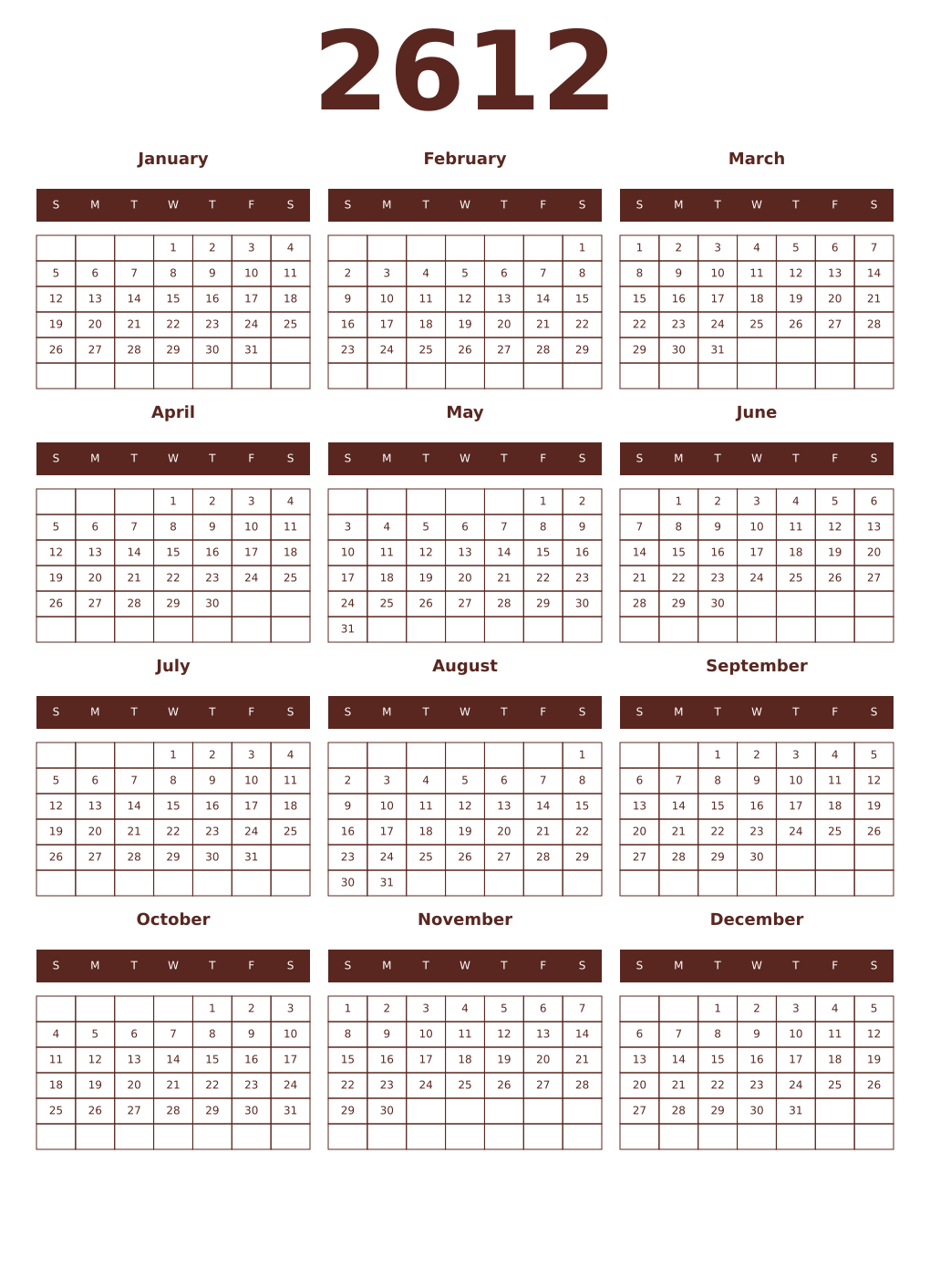 Printable 2612 Year Calendars mortuum