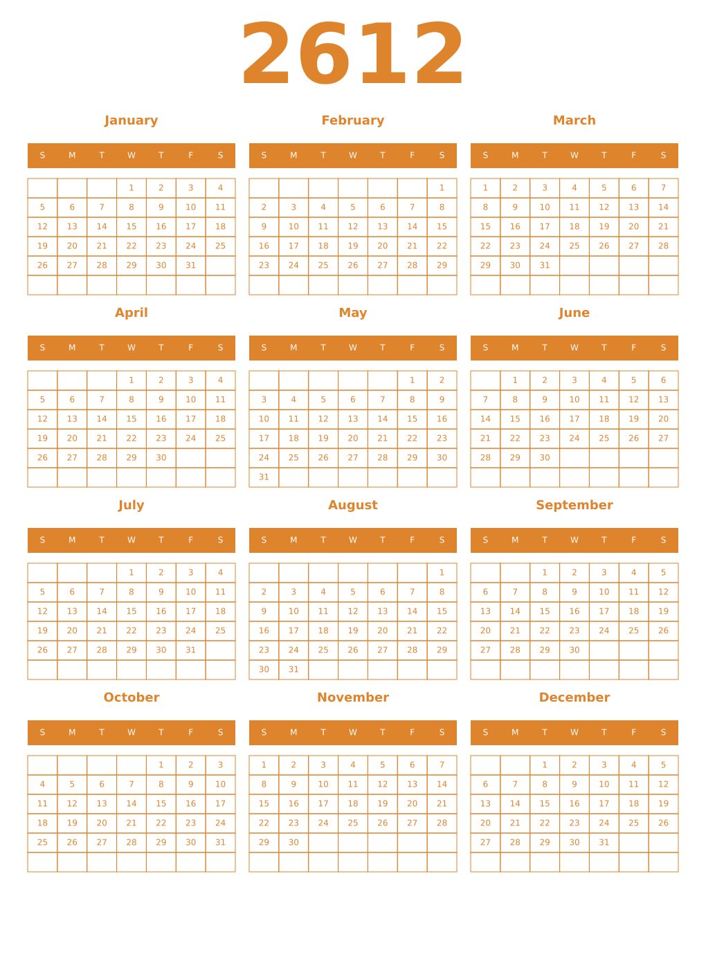 Printable 2612 Year Calendars orange