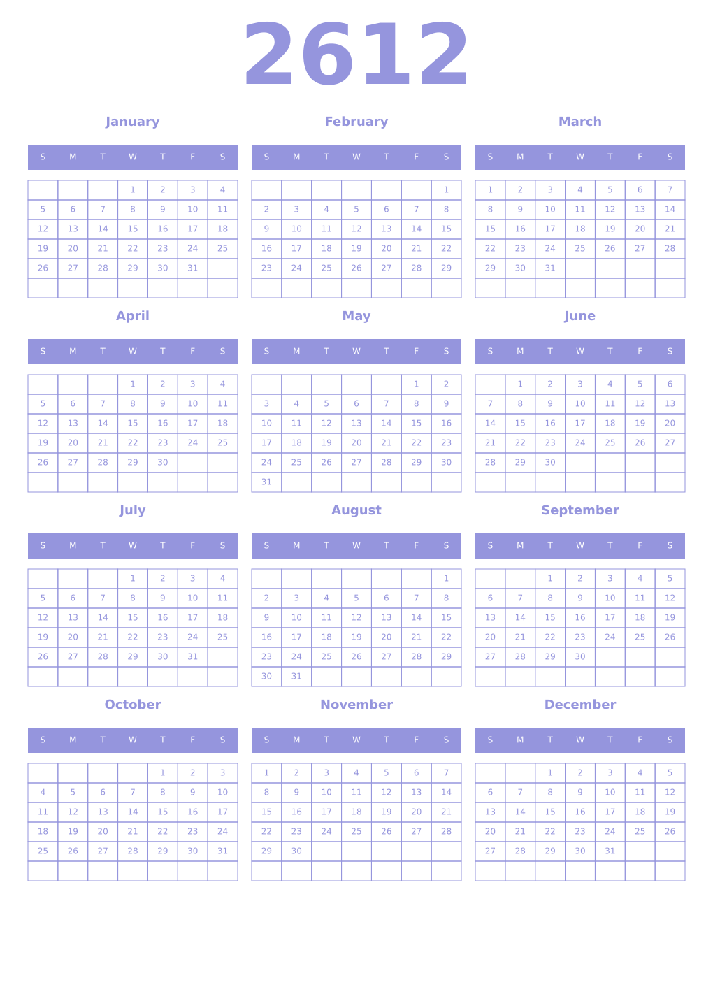Printable 2612 Year Calendars periwinkle