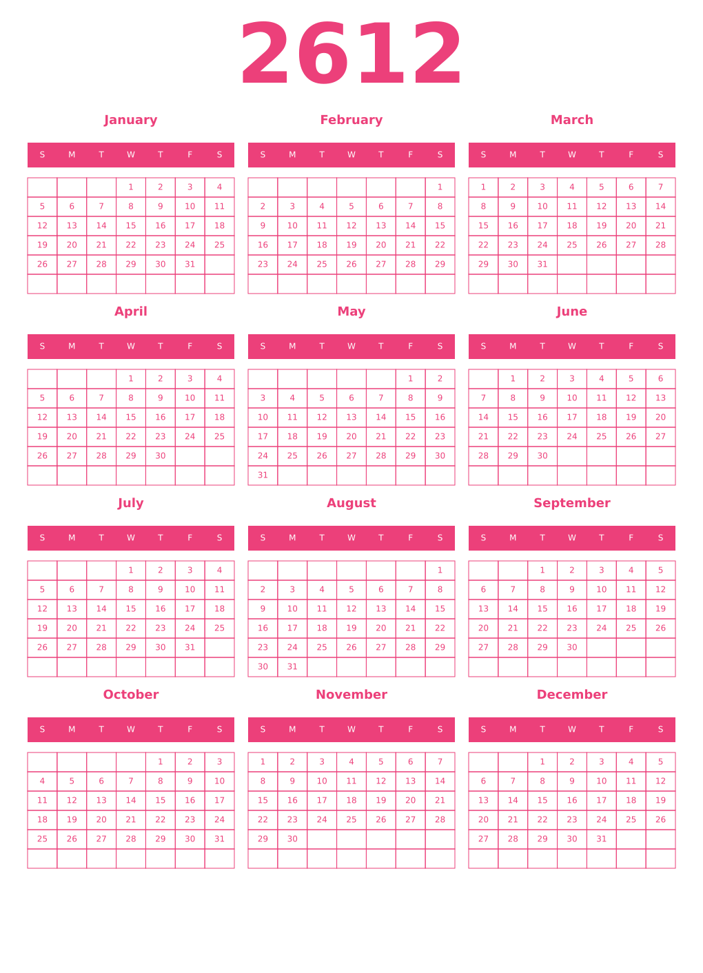 Printable 2612 Year Calendars pink