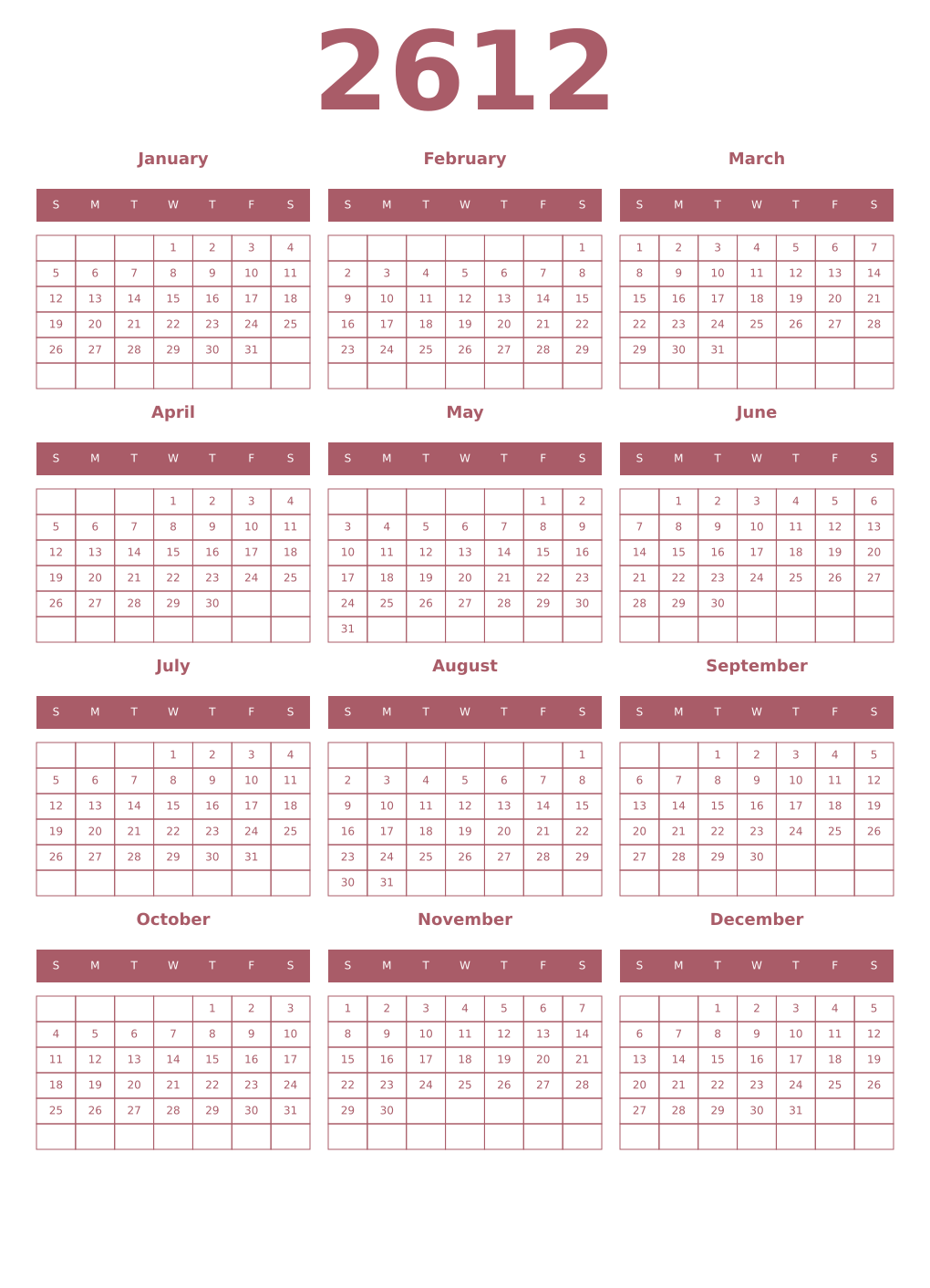Printable 2612 Year Calendars puce