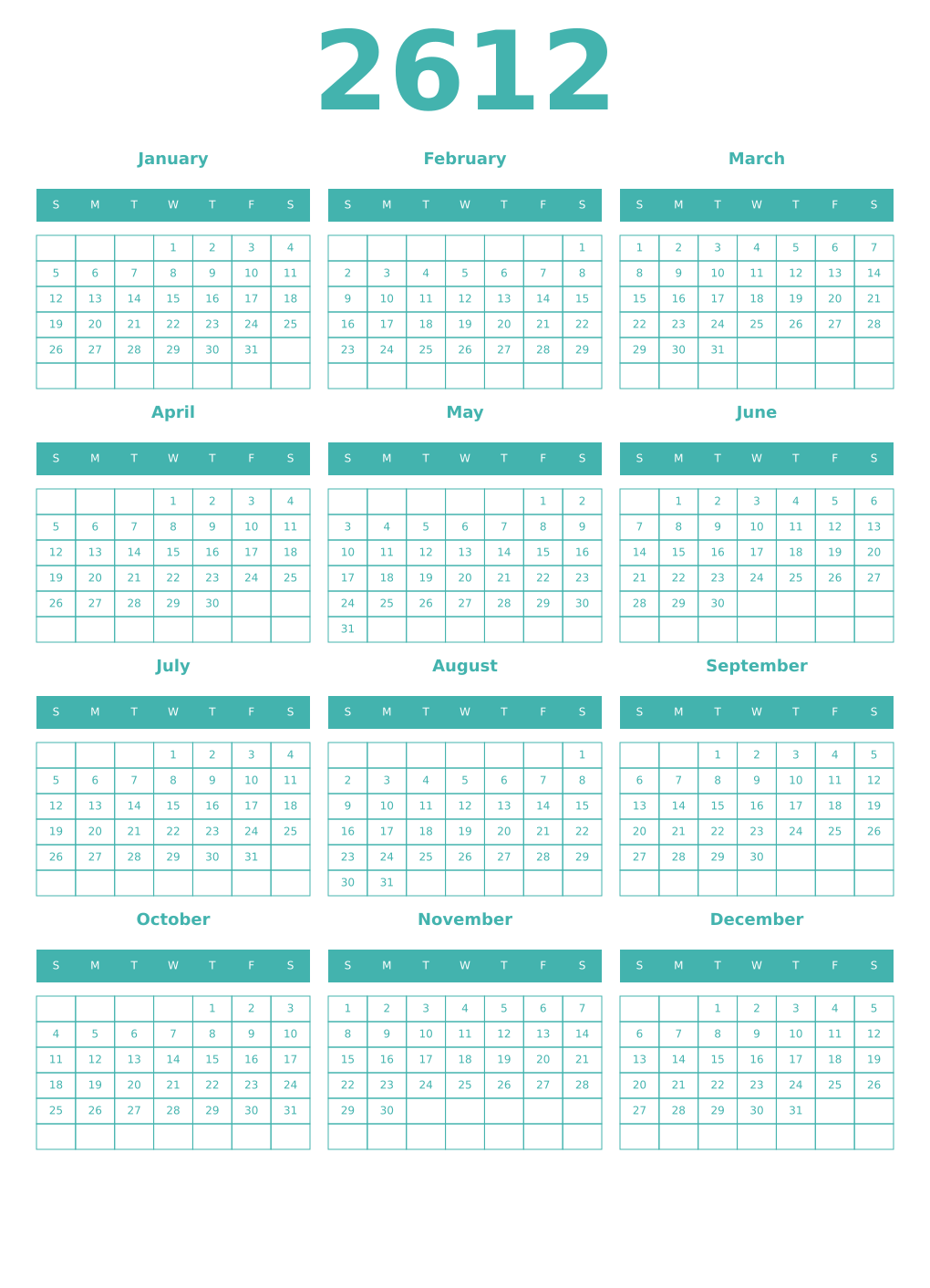 Printable 2612 Year Calendars verdigris