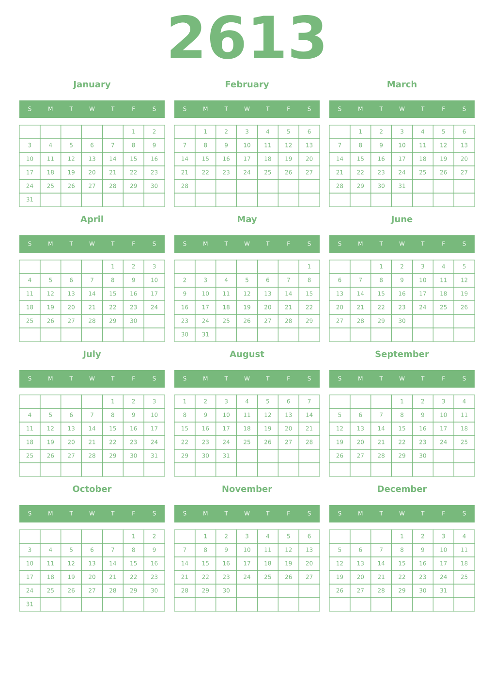 Printable 2613 Year Calendars celadon