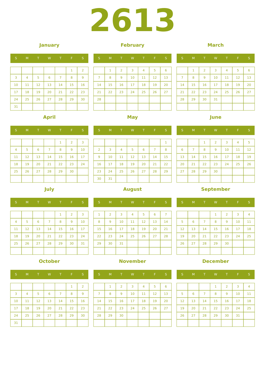 Printable 2613 Year Calendars chartreuse