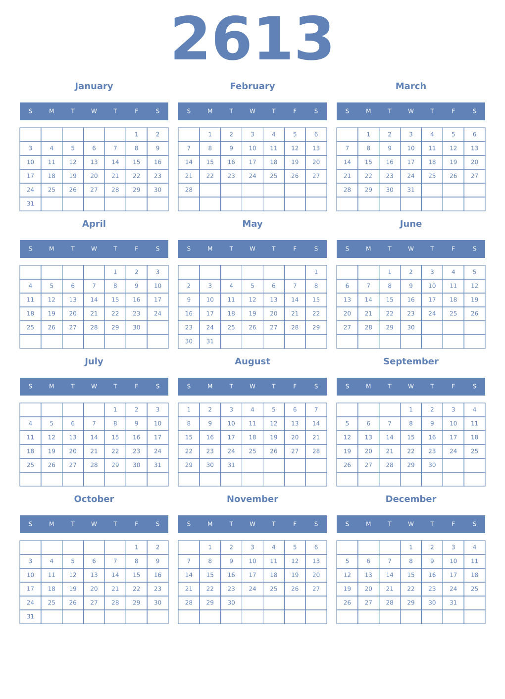 Printable 2613 Year Calendars glaucous