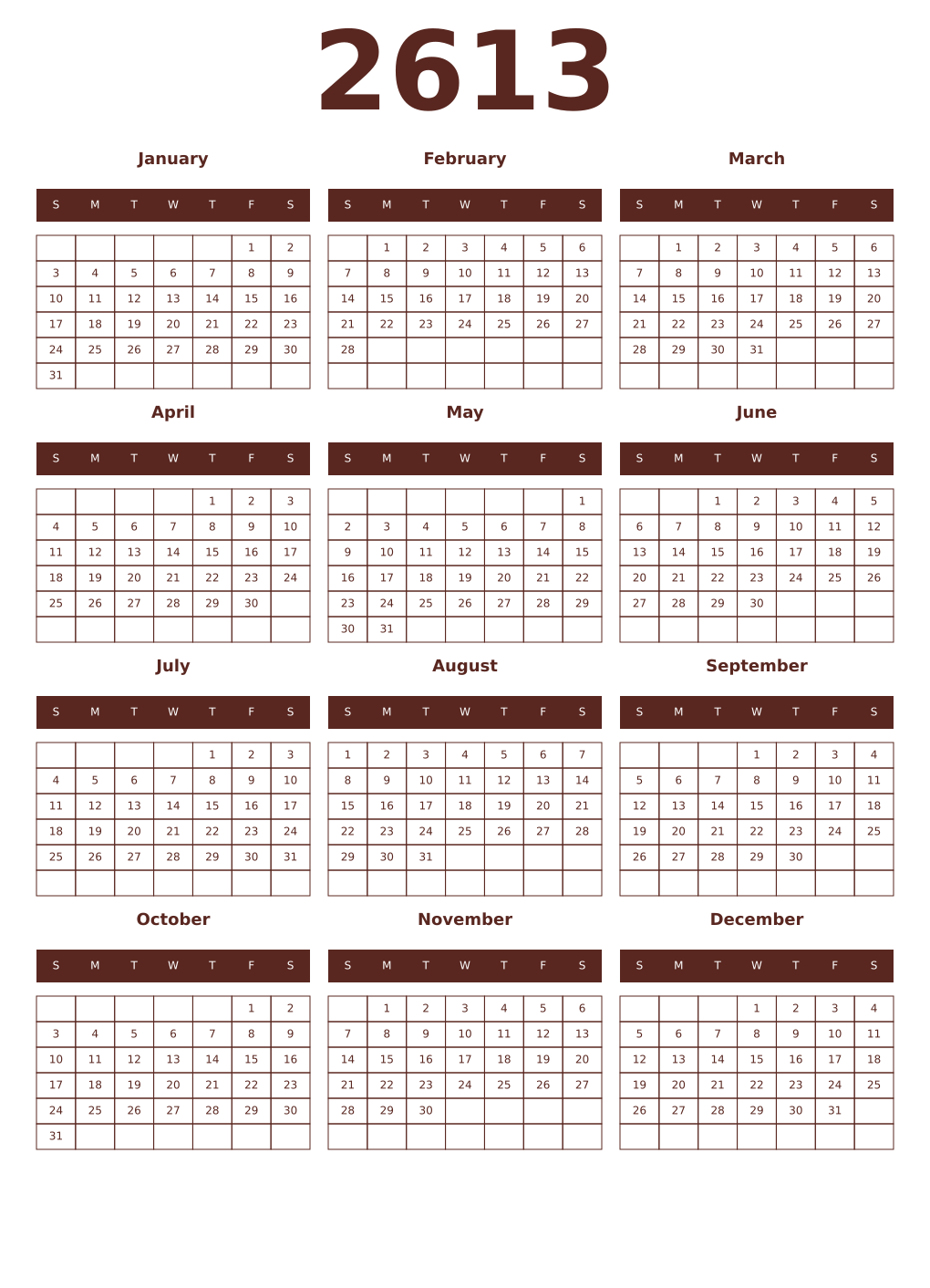Printable 2613 Year Calendars mortuum
