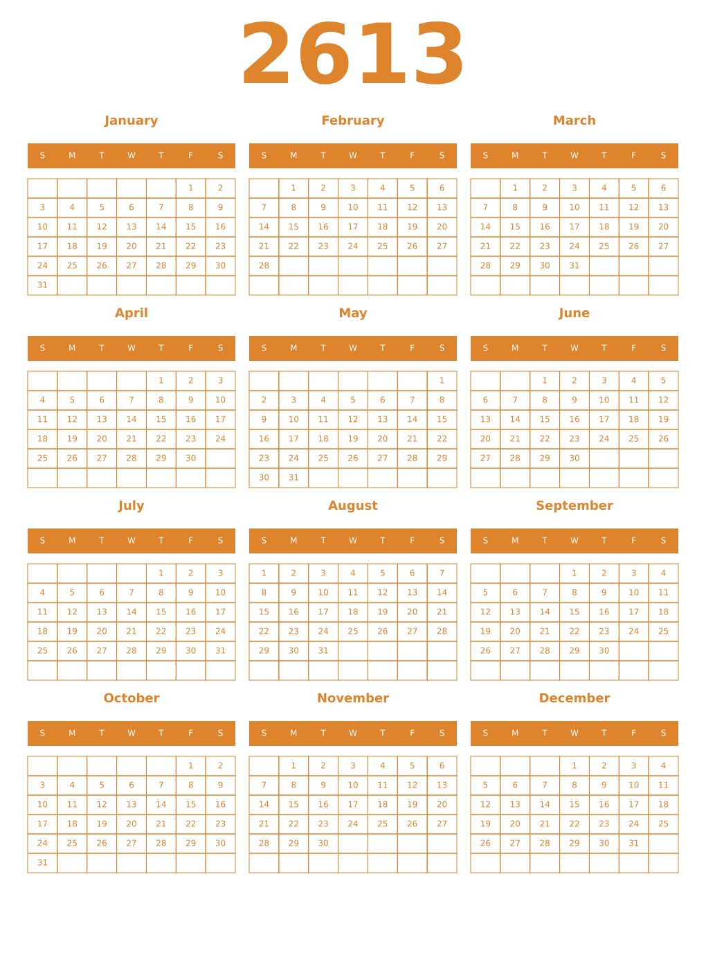 Printable 2613 Year Calendars orange