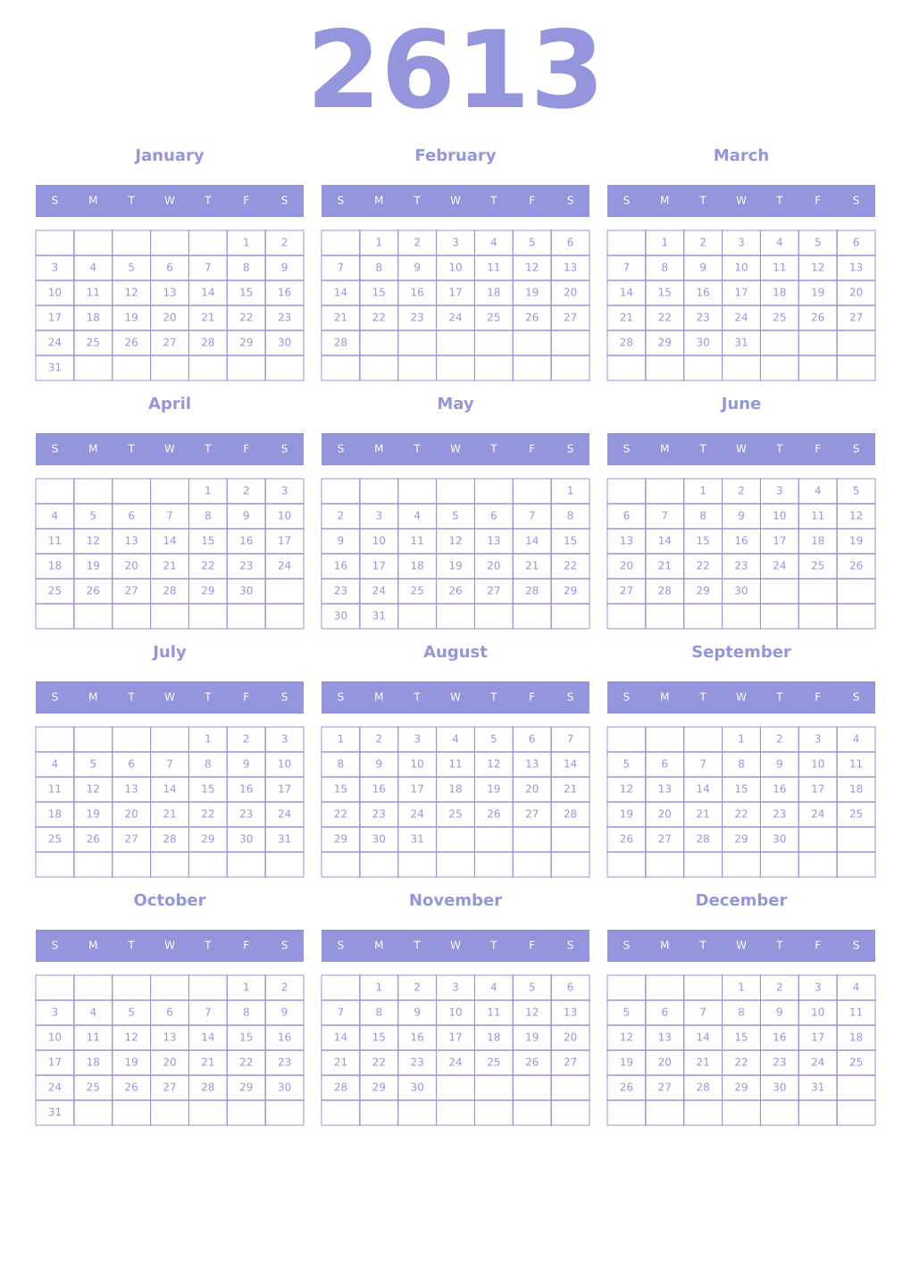 Printable 2613 Year Calendars periwinkle
