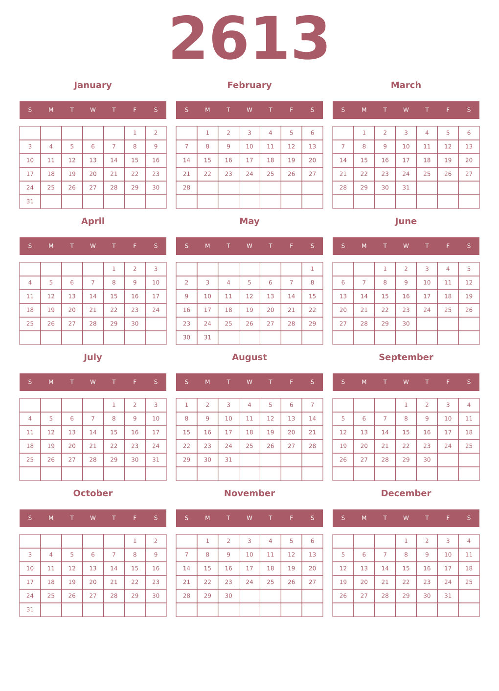 Printable 2613 Year Calendars puce