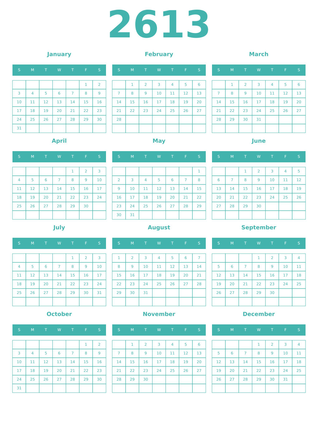 Printable 2613 Year Calendars verdigris