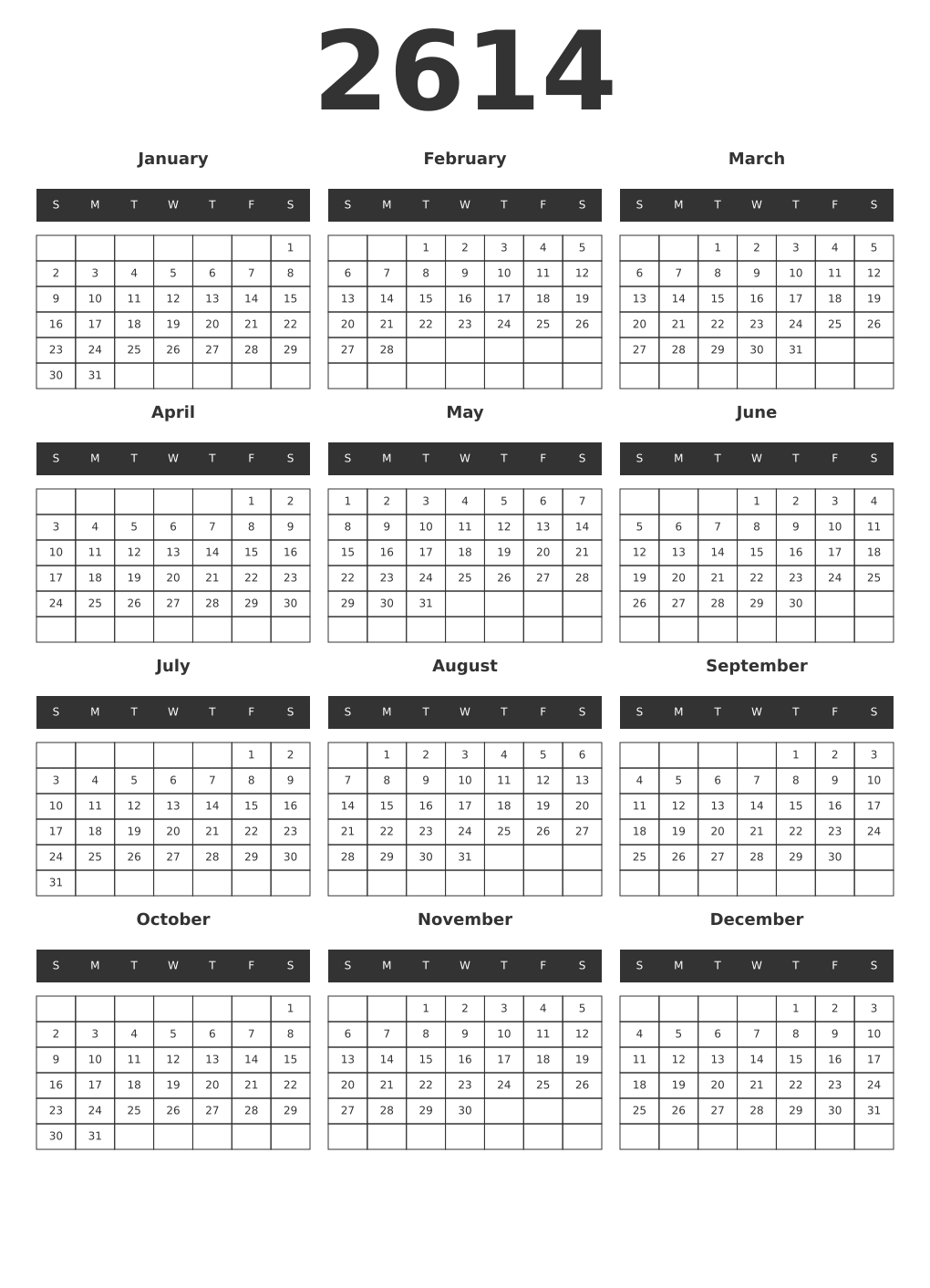 Printable 2614 Year Calendars dark