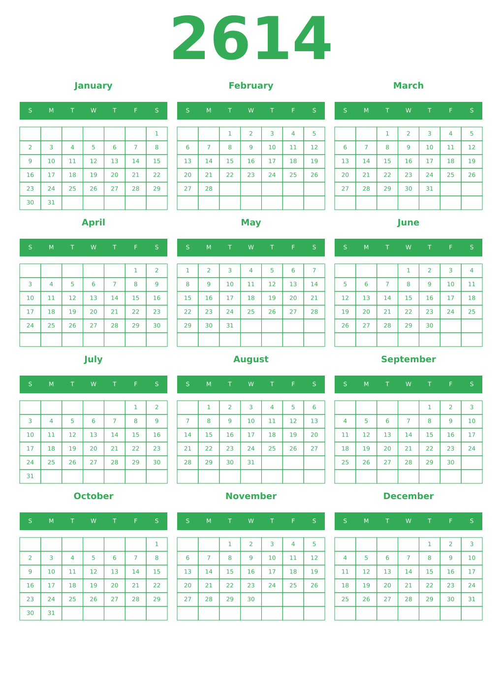 Printable 2614 Year Calendars green