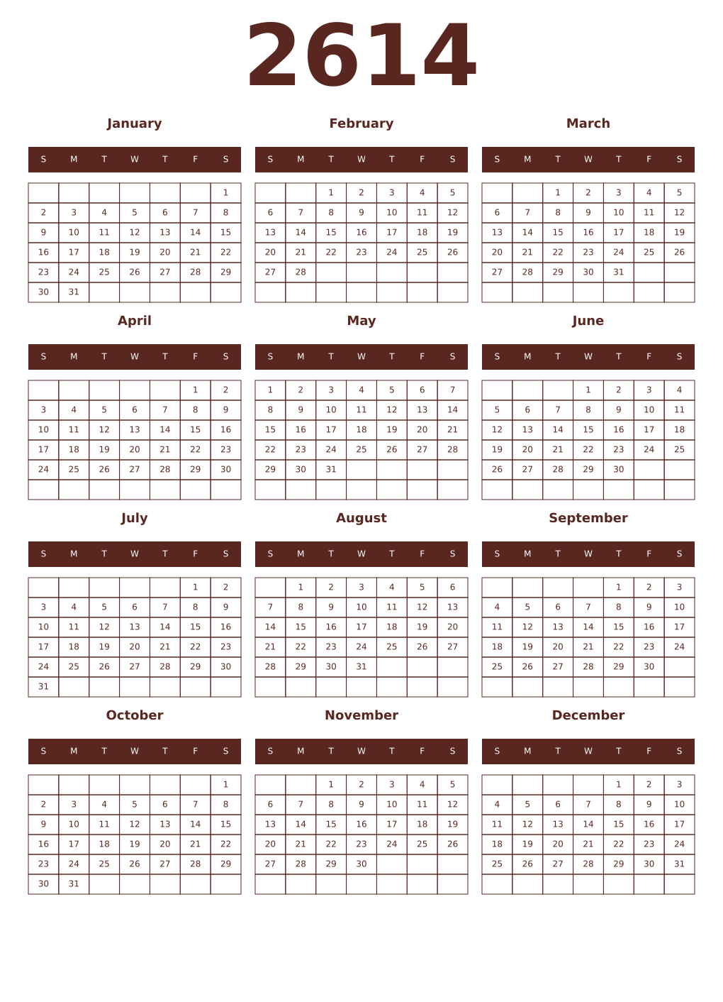 Printable 2614 Year Calendars mortuum
