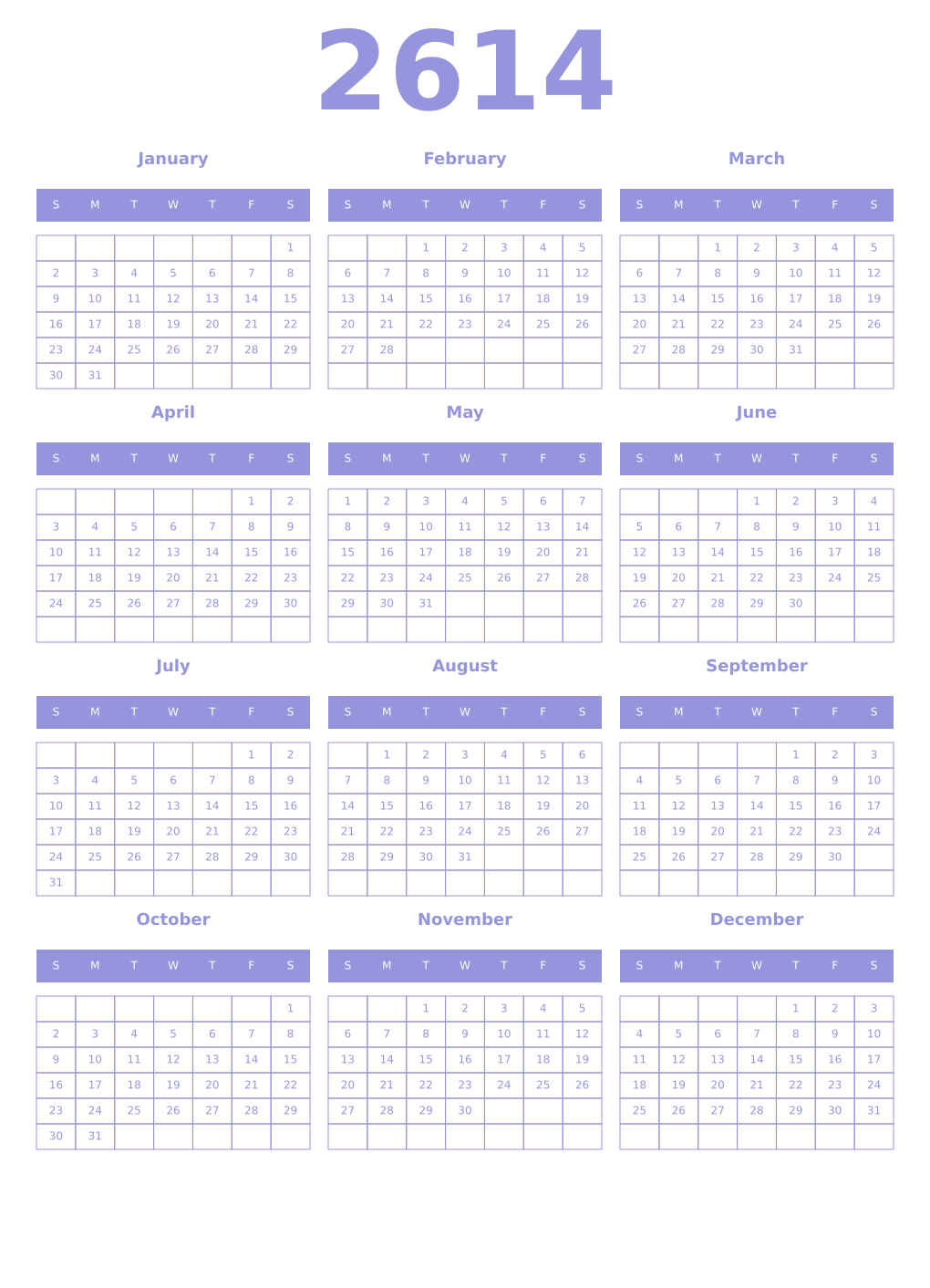 Printable 2614 Year Calendars periwinkle