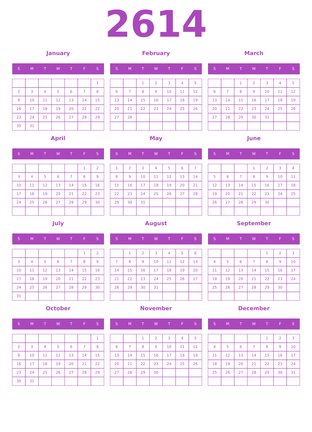 Printable 2614 Year Calendars purple