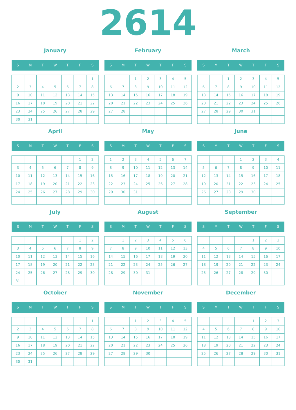 Printable 2614 Year Calendars verdigris