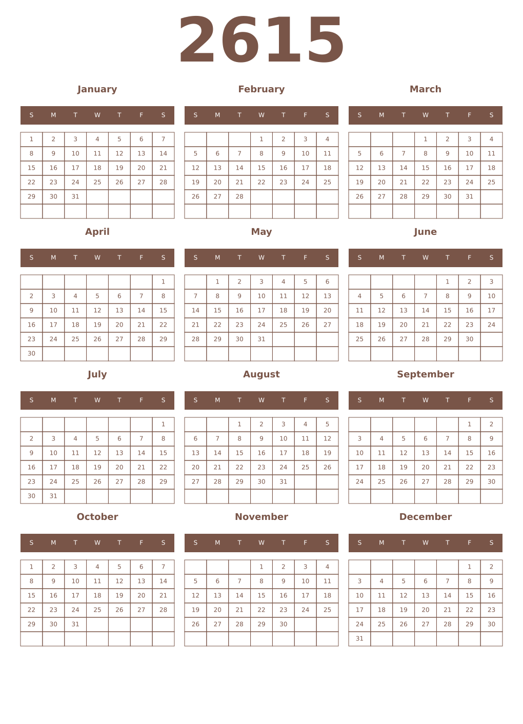 Printable 2615 Year Calendars coffe