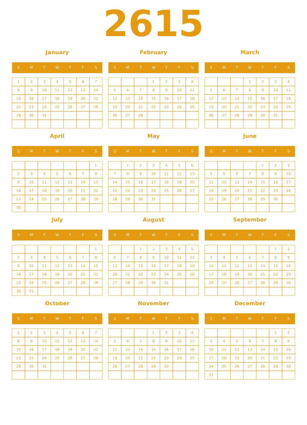 Printable 2615 Year Calendars gamboge