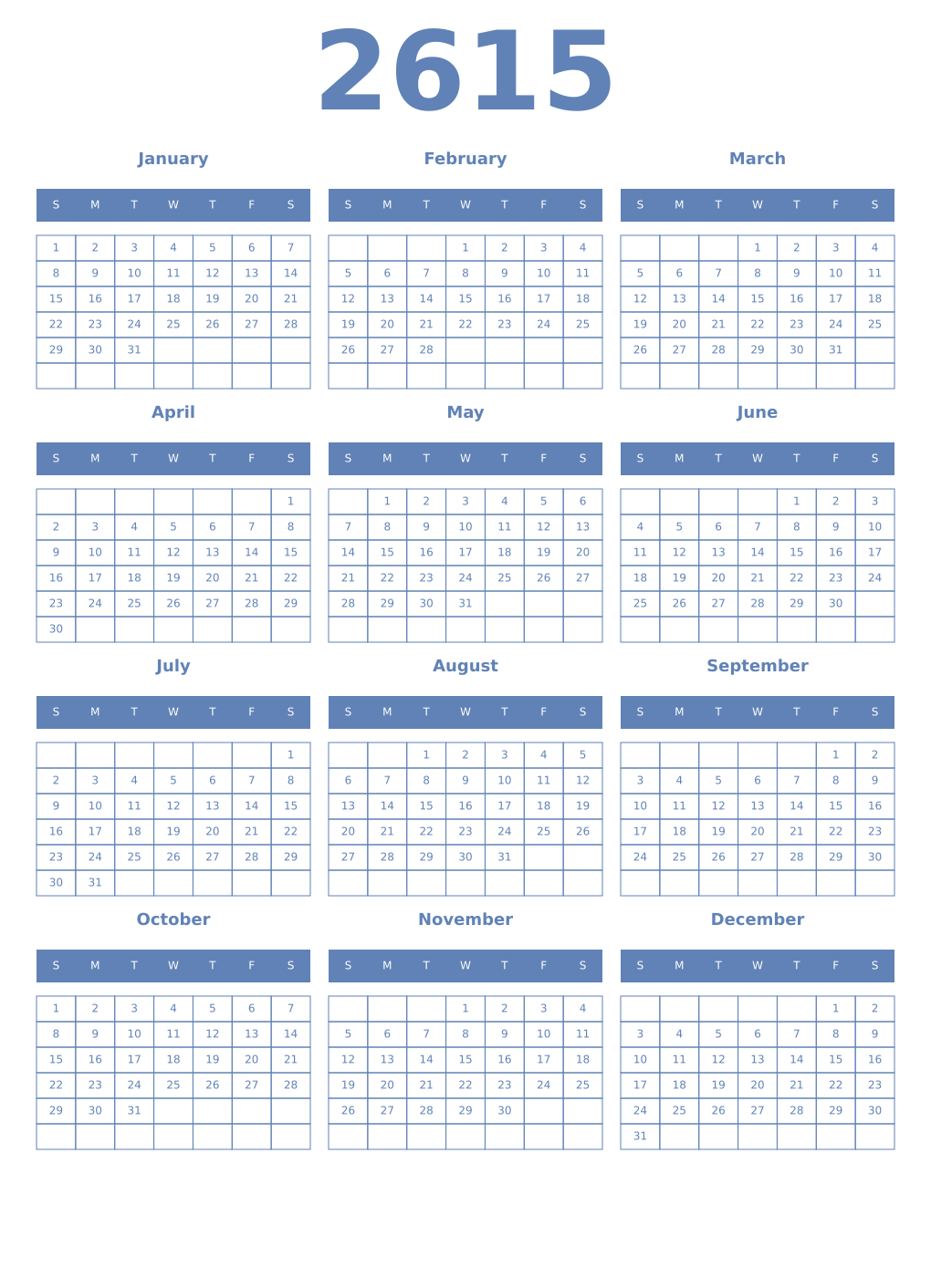 Printable 2615 Year Calendars glaucous