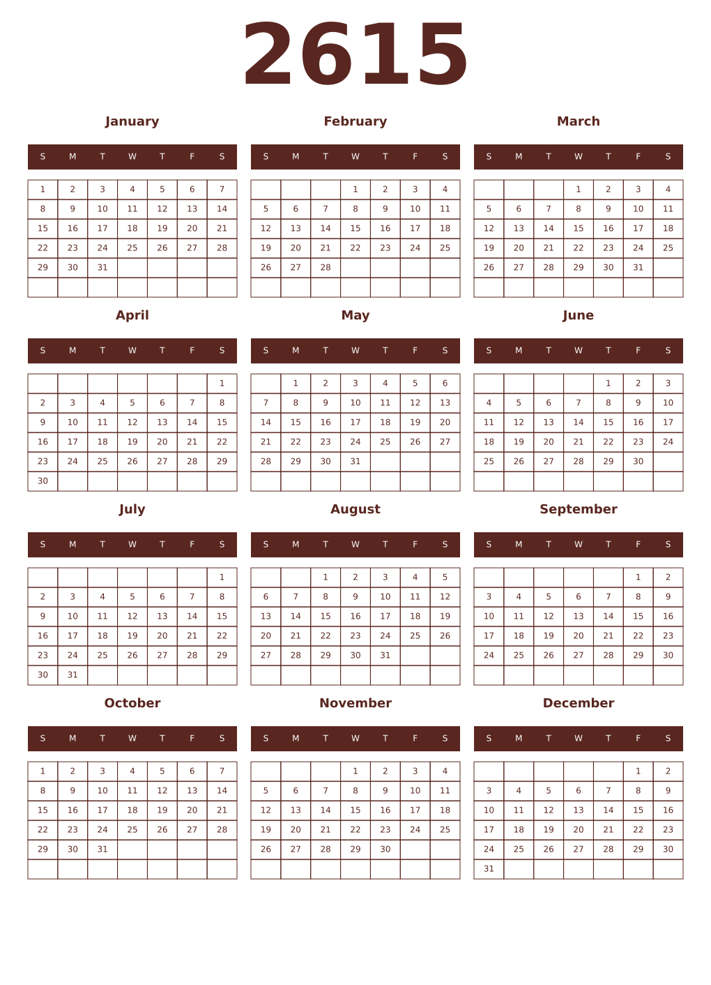 Printable 2615 Year Calendars mortuum